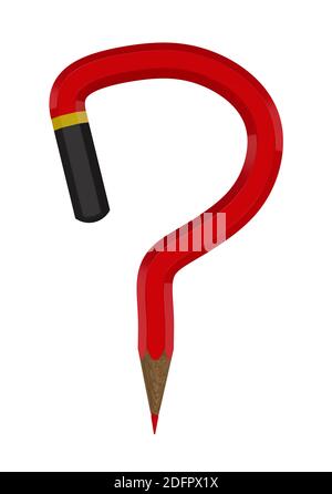 Symbole de point d'interrogation du crayon. Un crayon rouge sous forme de point d'interrogation est isolé sur un fond blanc. Illustration 3D Banque D'Images