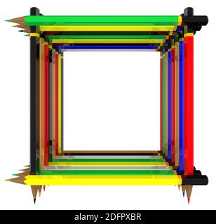 Cadre à partir de crayons multicolores. Cadre vierge (ou le puits) fait de crayons colorés sur fond blanc. Illustration 3D Banque D'Images