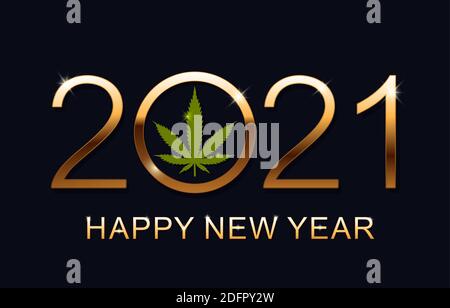 Bonne année 2021 - nouvel an Shining arrière-plan avec feuille de marijuana. Illustration vectorielle. Illustration de Vecteur