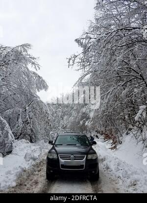 Voiture sur une route étroite dans une forêt gelée couverte dans la neige pour les fonds d'hiver Banque D'Images