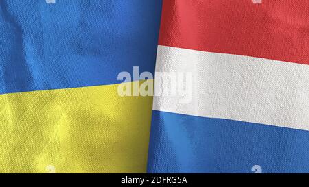 Pays-Bas et Ukraine deux drapeaux textile tissu rendu 3D Banque D'Images