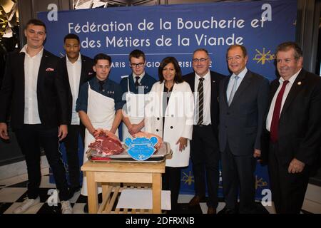 Olivia Polski, Anne Hidalgo, Patrick Ollier, Laurent Callu Président de la fédération de boucherie de paris à l'occasion du 150 anniversaire de la fédération de boucherie de Paris et de la région parisienne ( Fédération de la boucherie et des métiers de la viande de Paris et de la région parisienne). Photo de Raphaël Lafargue/ABACAPRESS.COM Banque D'Images