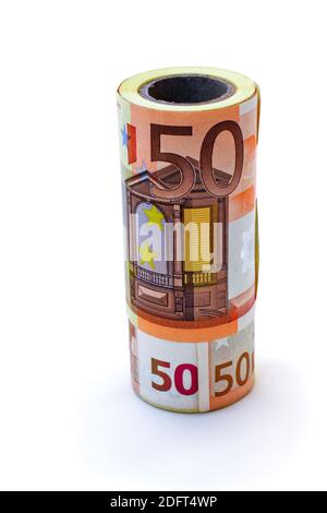 les coupures monétaires bénéficient de 50 euros, sur fond blanc Banque D'Images
