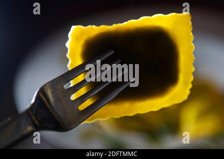 Raviolis faits maison dans des conditions de faible luminosité Banque D'Images