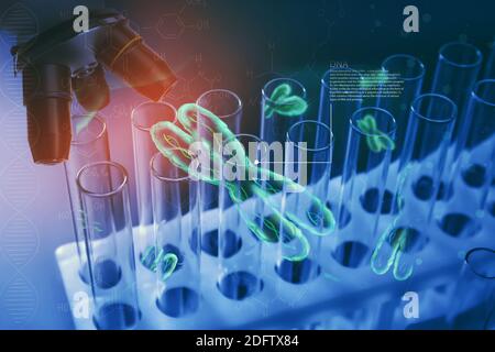 Double exposition du microscope et des tubes à essai en laboratoire, gros plan Banque D'Images
