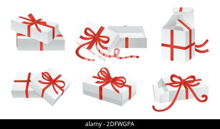 Ensemble de noeuds pour boîte-cadeau Mockup blanc. Contenant avec ruban adhésif rouge. Collection de modèles de boîtes en carton diverses. Motif carton vierge anniversaire fête, fête de Noël. Illustration vectorielle Illustration de Vecteur