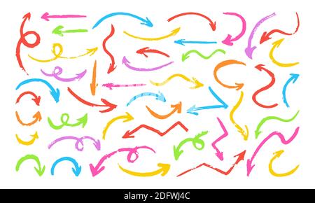 Jeu de dessins à la main colorés avec flèches peintes. Collection de pointeurs de grunge lumineux. Diverses formes de flèches irrégulières artistiques incurvées et arcades du curseur. Éléments de conception aquarelle vector signpost Illustration de Vecteur