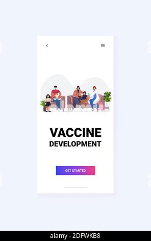 femme médecin vaccinant les patients de la famille dans des masques pour lutter contre concept de développement de vaccins contre le coronavirus illustration du vecteur vertical pleine longueur Illustration de Vecteur