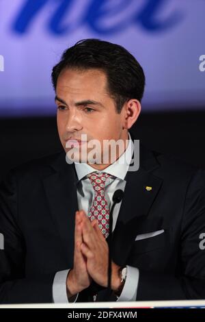 Tom Van Grieken, président de Vlaams Belang, assiste à une conférence contre le pacte de Marrakech organisée par le parti d'extrême-droite flamand Vlaams Belang au Parlement flamand le 08 décembre 2018 à Bruxelles, Belgique. Photo de Sylvain Lefevre/ABACAPRESS.COM Banque D'Images