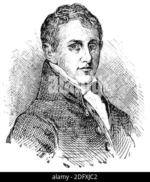 Portrait de Sir Humphry Davy - un chimiste et inventeur cornish. Illustration du 19e siècle. Allemagne. Arrière-plan blanc. Banque D'Images