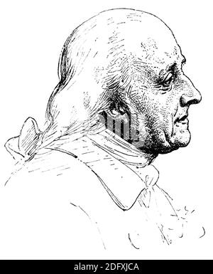 Portrait d'Alessandro Volta - physicien italien, chimiste et pionnier de l'électricité et de l'énergie, inventeur de la batterie électrique. Illustration du 19e siècle. Allemagne. Arrière-plan blanc. Banque D'Images