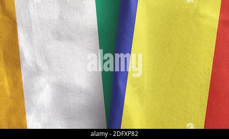 Roumanie et Côte d'Ivoire Côte d'Ivoire deux drapeaux tissu textile Rendu 3D Banque D'Images