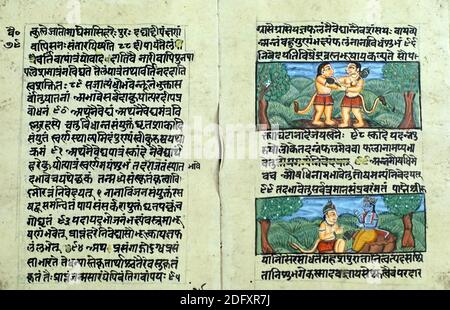 JAIPUR, INDE - OCT 11, 2017 - Des scènes du Ramayana en ancien manuscrit, Jaipur, Rajasthan, Inde Banque D'Images