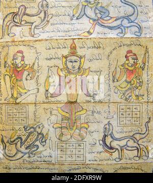 Carte astrologique sur le calendrier birman montrant les esprits gardiens et les animaux mythiques, Myanmar, Birmanie Banque D'Images