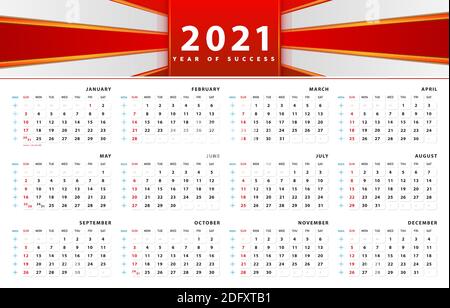 Calendrier 2021 conception de modèle. En-tête motif rouge abstrait et mise en page propre pour l'entreprise, modèle de planification de conception d'entreprise. Début de la semaine le dimanche Illustration de Vecteur