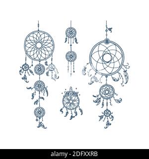 Dreamcatchers à plumes tribales. Ensemble de rêveurs spirituels. Illustration vectorielle en style doodle Illustration de Vecteur