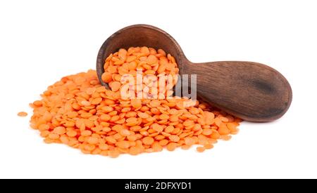Lentilles rouges dans une cuillère en bois, isolées sur fond blanc. Banque D'Images