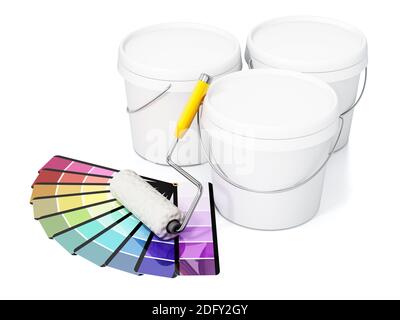 Seaux de peinture en plastique blanc vierge, rouleau de peinture et cartela de couleur isolés sur fond blanc. Illustration 3D. Banque D'Images