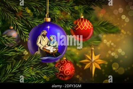 L'histoire de Noël. Nuit de Noël, Marie, Joseph et le bébé Jésus, fils de Dieu, jouet décoratif de Noël accroché à l'arbre de Noël, art illustrati Banque D'Images