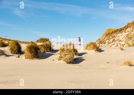 Phare derrière les dunes à Amrum, Allemagne Banque D'Images