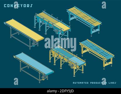 Illustration vectorielle stylisée de plusieurs types de convoyeurs vue isométrique Illustration de Vecteur