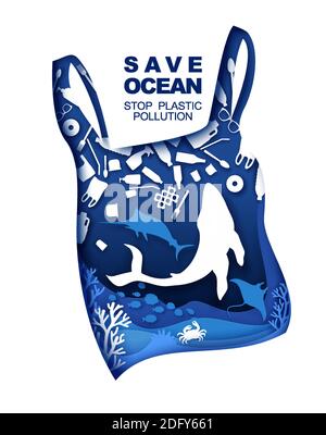 Sauver l'océan. Arrêtez la pollution plastique. Illustration vectorielle en style papier. Problème environnemental océanique, écologie. Illustration de Vecteur