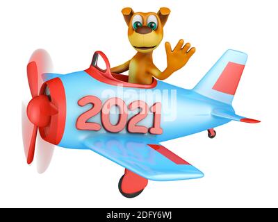 Chien dans un avion avec une inscription 2021 sur fond blanc. Rendu 3D. Banque D'Images