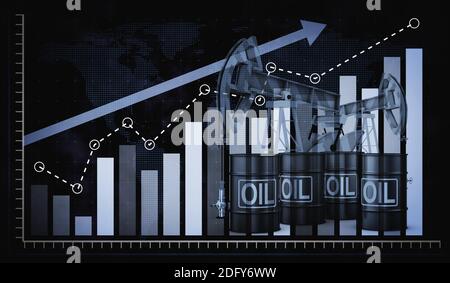 Barils de pétrole sur le fond de la flèche montante du graphique. Rendu 3D. Banque D'Images