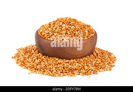 Millet dans un bol en bois, isolé sur fond blanc. Graines de mil non pelées. Banque D'Images