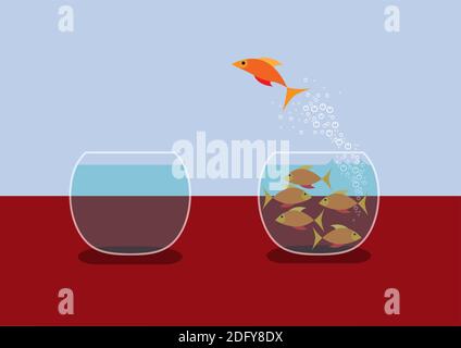 Poissons rouges sautant hors de l'eau. Concept d'évasion du groupe. Conception à plat vectorielle Illustration de Vecteur