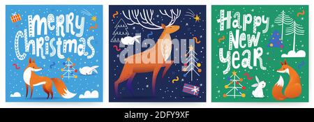 Lot de trois cartes de Noël Joyeuses de style scandinave nordique dessinées à la main avec des animaux mignons. Illustration de Vecteur