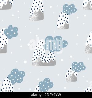 Joli motif texturé avec des montagnes enneigées, des nuages et des flocons de neige autour. Illustration vectorielle de style scandinave dessinée à la main. Illustration de Vecteur