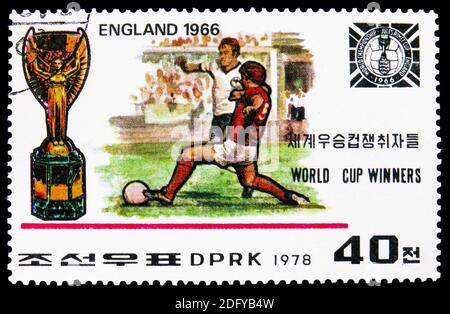 MOSCOU, RUSSIE - 16 SEPTEMBRE 2020 : timbre-poste imprimé en Corée du Nord montre l'Angleterre 1966, vainqueur de la série de la coupe du monde de la FIFA 1930-1978, vers 1978 Banque D'Images