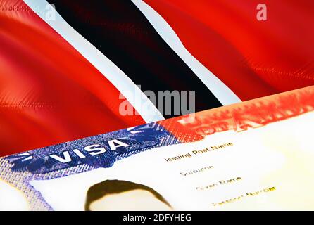 Gros plan sur le document d'immigration de Trinité-et-Tobago. Passeport visa sur le drapeau de Trinité-et-Tobago. Trinidad et Tobago visa de visiteur dans passeport, 3D renderin Banque D'Images