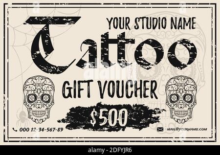 Modèle de bon cadeau vintage Tattoo. Carte cadeau grunge avec des crânes de sucre. Illustration de Vecteur