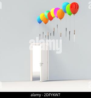 ballons colorés tenant des couteaux tranchants au-dessus d'une porte ouverte. concept de danger. rendu 3d. Banque D'Images