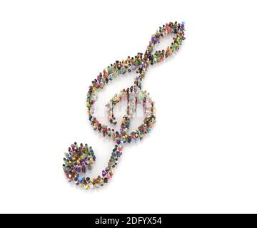 Large crowd of people in a shape of musical symbols 3d rendering Stock Photo