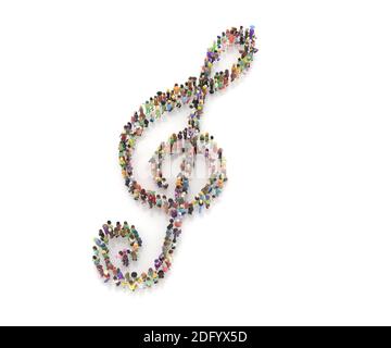 Large crowd of people in a shape of musical symbols 3d rendering Stock Photo