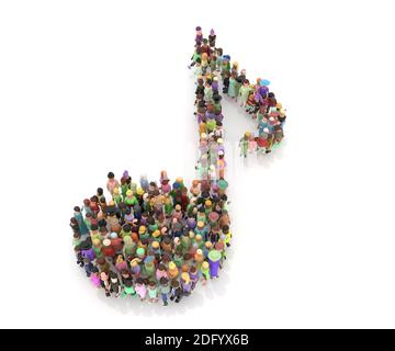 Large crowd of people in a shape of musical symbols 3d rendering Stock Photo