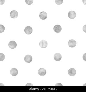 Motif sans coutures à pois noir gris aquarelle. Cercles aquarelle abstraits sur fond blanc. Texture en forme de rond dessinée à la main. Imprimer pour t Banque D'Images