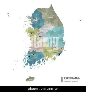 Carte détaillée de la Corée du Sud avec subdivisions. Carte administrative de la Corée du Sud avec le nom des districts et des villes, coloré par les États et administrativ Illustration de Vecteur