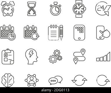 Icônes de gestion du temps jeu de lignes fines noir et blanc grand Illustration de Vecteur