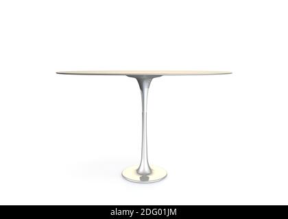 Une table ovale en métal se tient sur un fond blanc isolé. Il y a de l'espace libre sur la table pour votre conception. Rendu 3D Banque D'Images