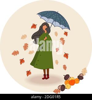 Une femme aux cheveux noirs en manteau vert et des bottes rouges Holind un parapluie bleu et blanc tandis que les feuilles tombent. Vecteur Illustration de Vecteur