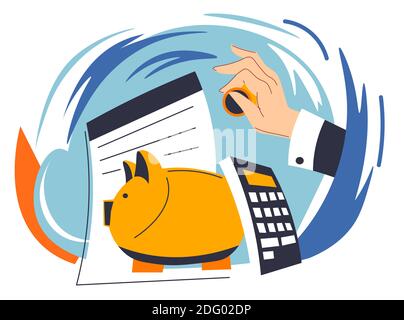 Homme d'affaires économisant de l'argent dans le vecteur de banque de piggy Illustration de Vecteur