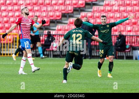 Shinji Okazaki de Huesca célèbre après son but pendant le Championnat d'Espagne la Liga match de football entre Grenade CF / LM Banque D'Images