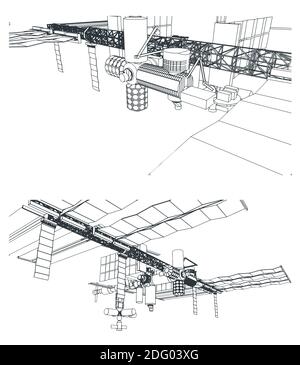 Illustration vectorielle stylisée sur le thème de l'industrie spatiale. Station spatiale orbitale de différents angles Illustration de Vecteur