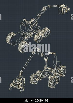 Illustrations vectorielles stylisées d'une machine à vendanger des forêts aux couleurs vives Illustration de Vecteur