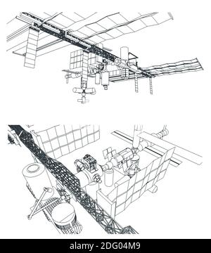 Illustration vectorielle stylisée sur le thème de l'industrie spatiale. Station spatiale orbitale de différents angles Illustration de Vecteur