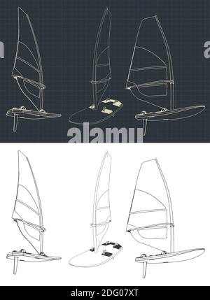 Illustration vectorielle stylisée sur le thème de la planche à voile. Mises en plan de planche à voile Illustration de Vecteur